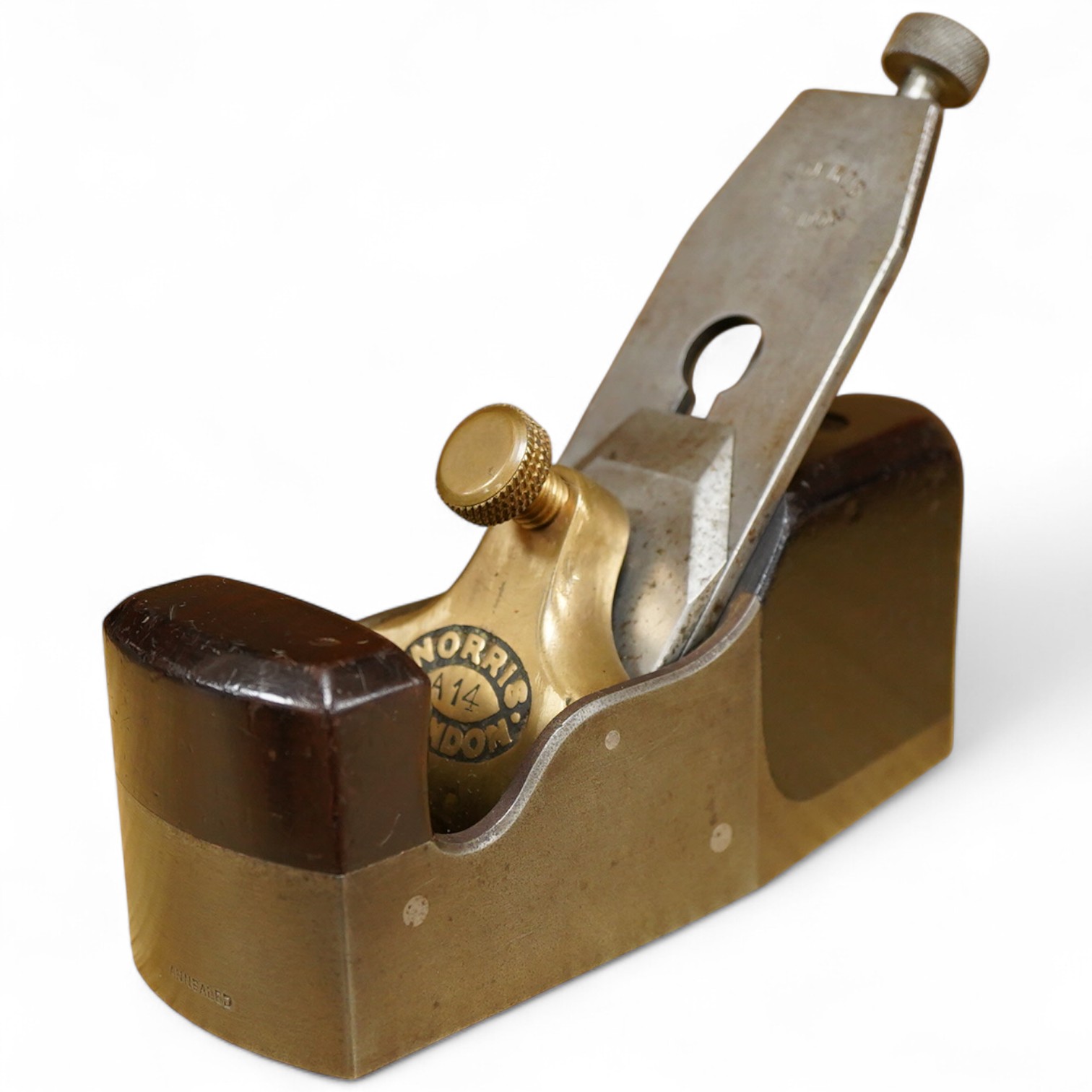 A Norris A14 adjustable smoothing plane, stamped with Norris, London to both the brass lever cap and the iron, and with ‘annealed’ stamped to the front of the frame